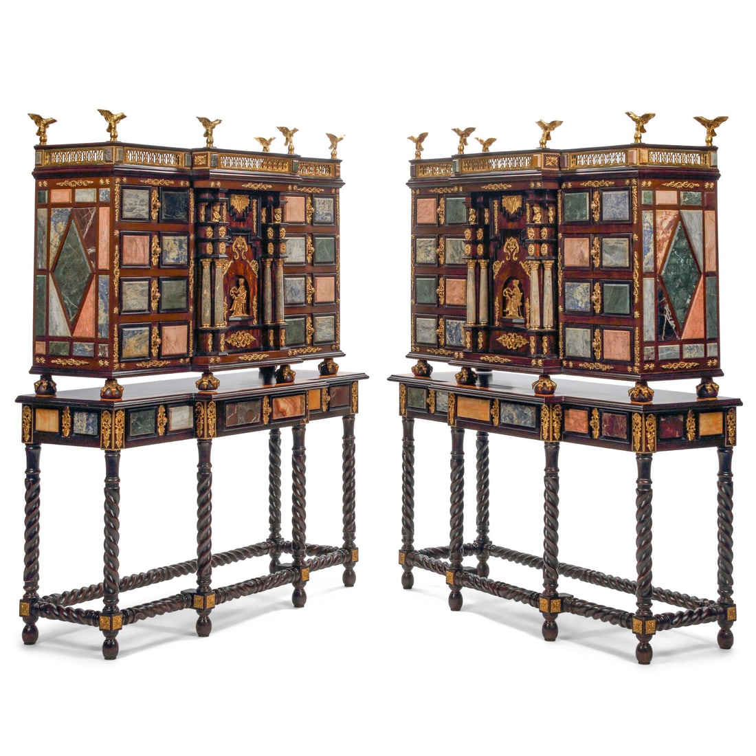 A Pair of Italian Specimen Marble-Inset and Gilt Bronze Mounted Collector's Cabinets on Stands: A Pair of Italian Specimen Marble-Inset and Gilt Bronze Mounted Collector's Cabinets on Stands 20th Century Height 76 1/2 x width 61 1/2 x depth 23 inches. This lot is located in Chicago.