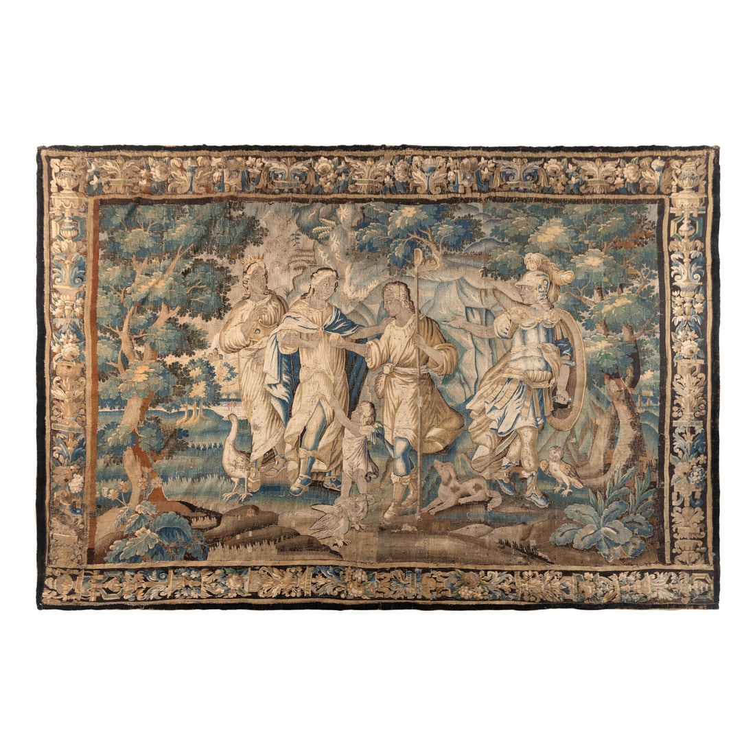 A Flemish Mythological Wool Tapestry: A Flemish Mythological Wool Tapestry 17th Century showing a soldier and other figures among various birds and foliage. 9 feet x 12 feet 8 1/2 inches. Property from a Main Line Philadelphia Private Col