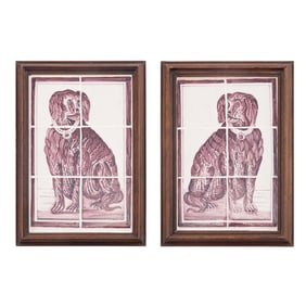 A Pair of Framed White and Sepia Glazed Tile Panels of Dogs