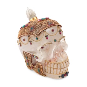 An Emerald, Ruby and Silver Filigree Mounted Rock Crystal Skull