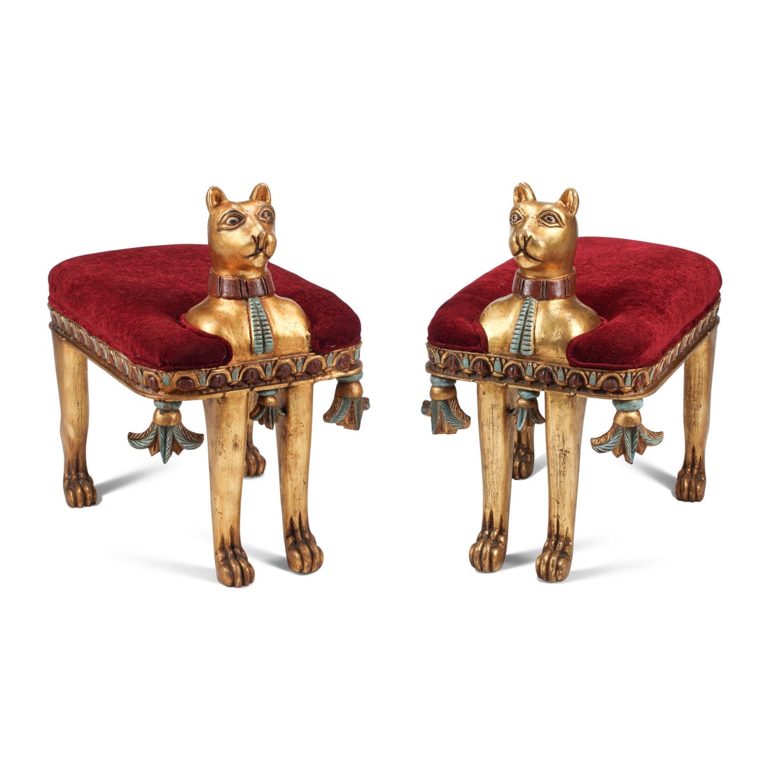 A Pair of Egyptian Style Painted and Gilt Benches: A Pair of Egyptian Style Painted and Gilt Benches 20th Century Height 30 x width 29 x depth 17 inches. This lot is located in Chicago.