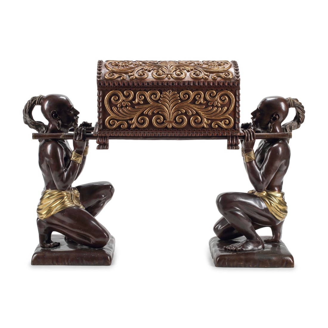 A Pair of Parcel-Gilt Bronze Kneeling Chinoiserie Figures with a Carved Wood Chest: A Pair of Parcel-Gilt Bronze Kneeling Chinoiserie Figures with a Carved Wood Chest 20th Century Height overall 46 x width 64 x depth 19 inches. This lot is located in Chicago.