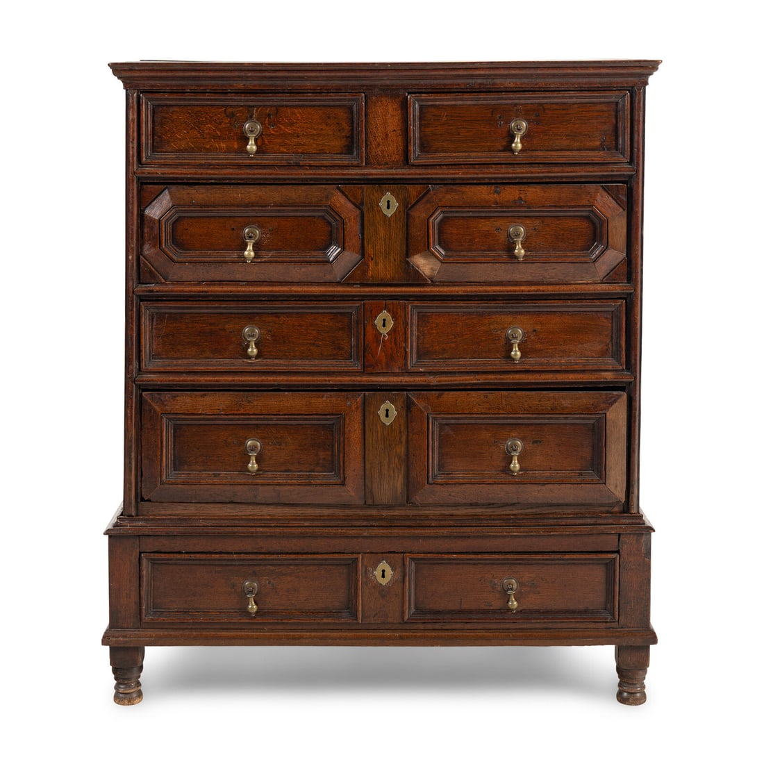 A Charles II Oak Chest of Drawers: A Charles II Oak Chest of Drawers 17th Century Height 45 5/8 x width 38 1/2 x depth 22 3/4 inches. Property from a Main Line Philadelphia Private Collector, with Interiors Designed by William R. Euban