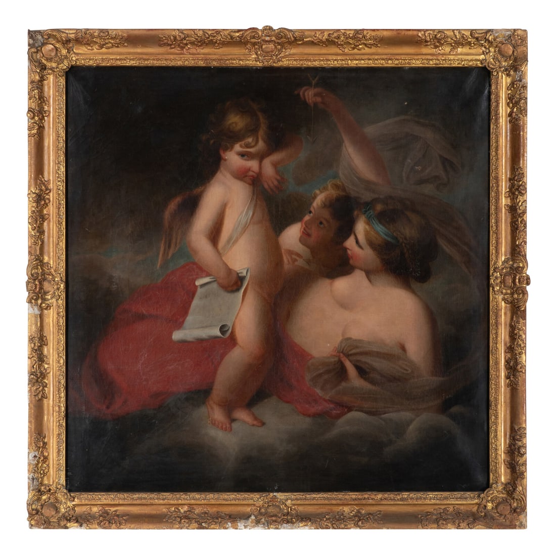 After Sir Joshua Reynolds, 18th/19th Century, Venus Chiding Cupid for Learning to Cast Accounts: After Sir Joshua Reynolds 18th/19th Century Venus Chiding Cupid for Learning to Cast Accounts oil on canvas 39 x 40 1/2 inches. This lot is located in Chicago.