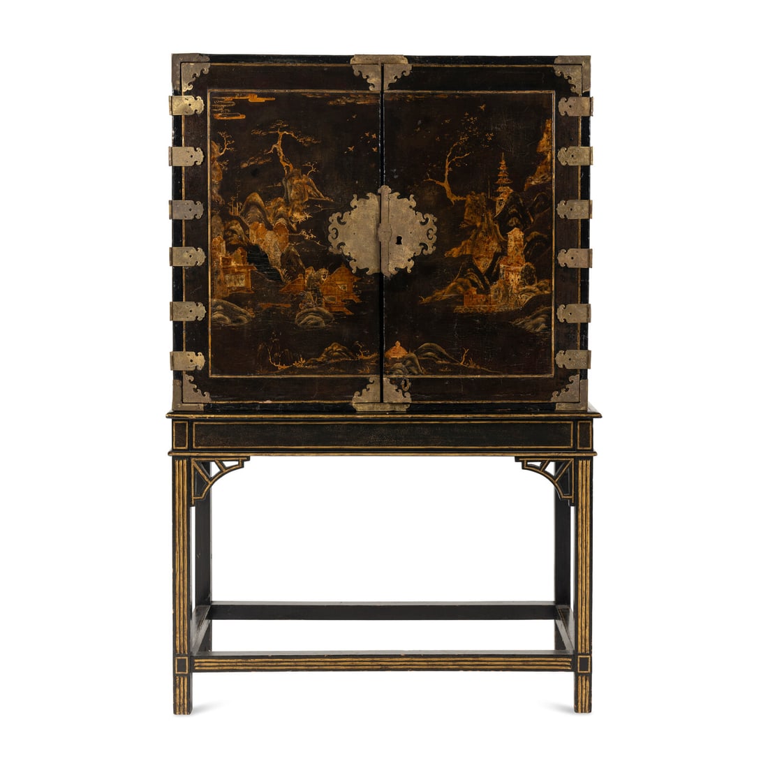 A Japanese Lacquer and Brass-Mounted Cabinet on Stand: A Japanese Lacquer and Brass-Mounted Cabinet on Stand 18th Century and Later the stand is likely associated, but shows age. Height 62 3/4 x width 41 x depth 20 1/2 inches. This lot is located in Chica