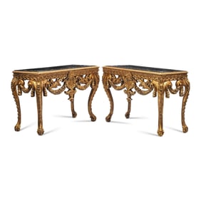 A Pair of English Giltwood Marble-Top Console Tables