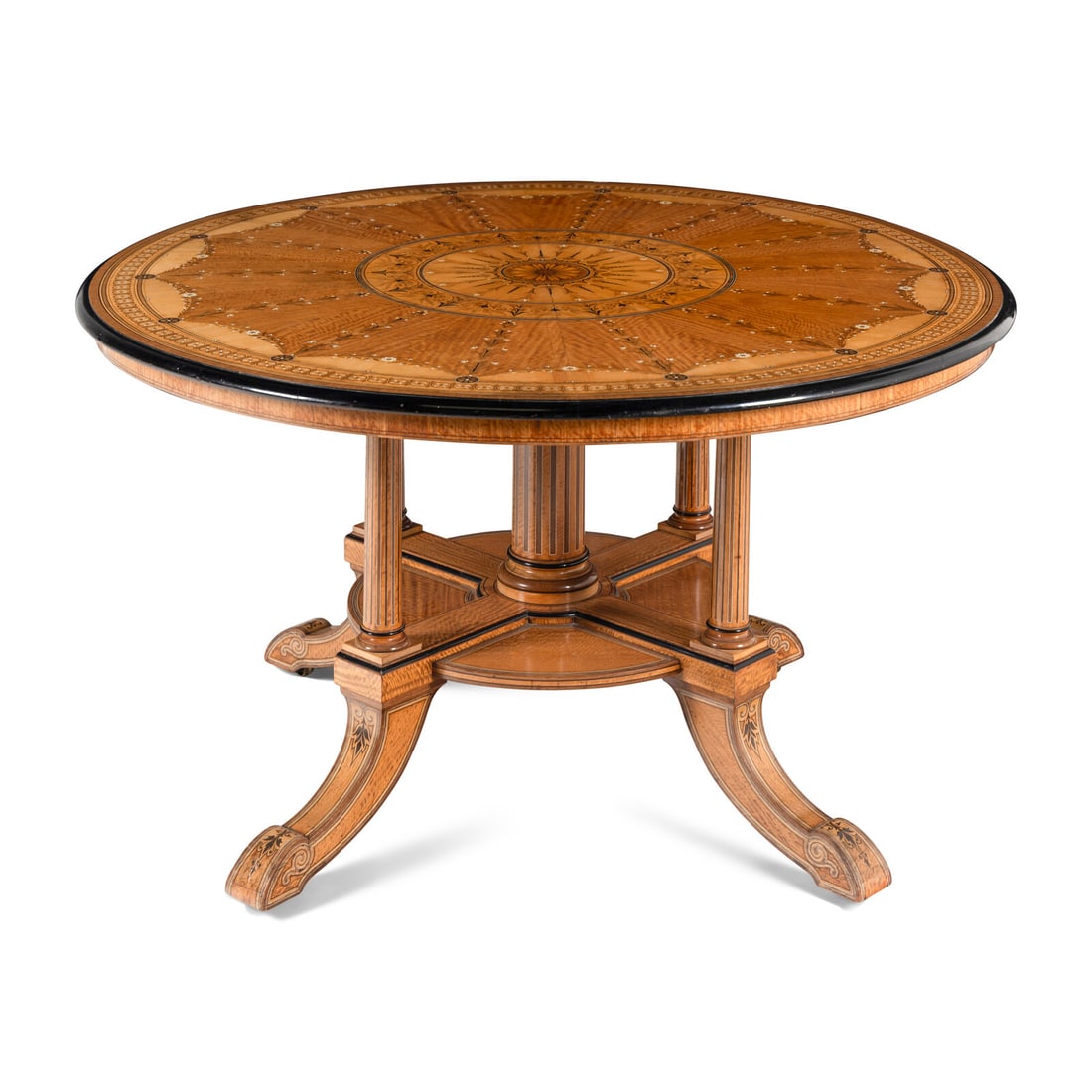 An English Part-Ebonized Satinwood, Harewood and Marquetry Center Table (1 of 3)