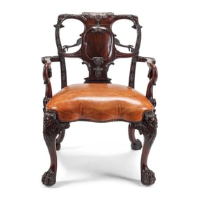 An English Carved Mahogany Leather-Upholstered Armchair
