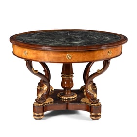 A Late Regency Parcel-Gilt Mahogany and Satinwood Marble-Inset Center Table