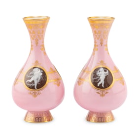 A Pair of Minton Pâte-sur-Pâte Pink Ground Bottle Vases