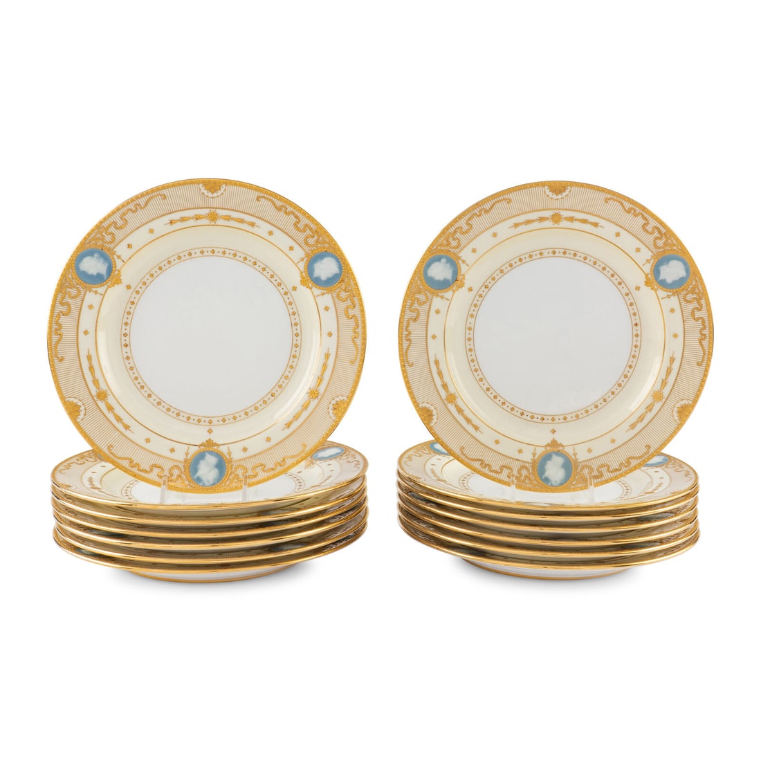 A Set of Fourteen Minton Pâte-sur-Pâte Porcelain Plates: A Set of Fourteen Minton Pâte-sur-Pâte Porcelain Plates Early 20th Century each with decoration by Albion Birks. Diameter 10 1/8 inches. This lot is located in Chicago.