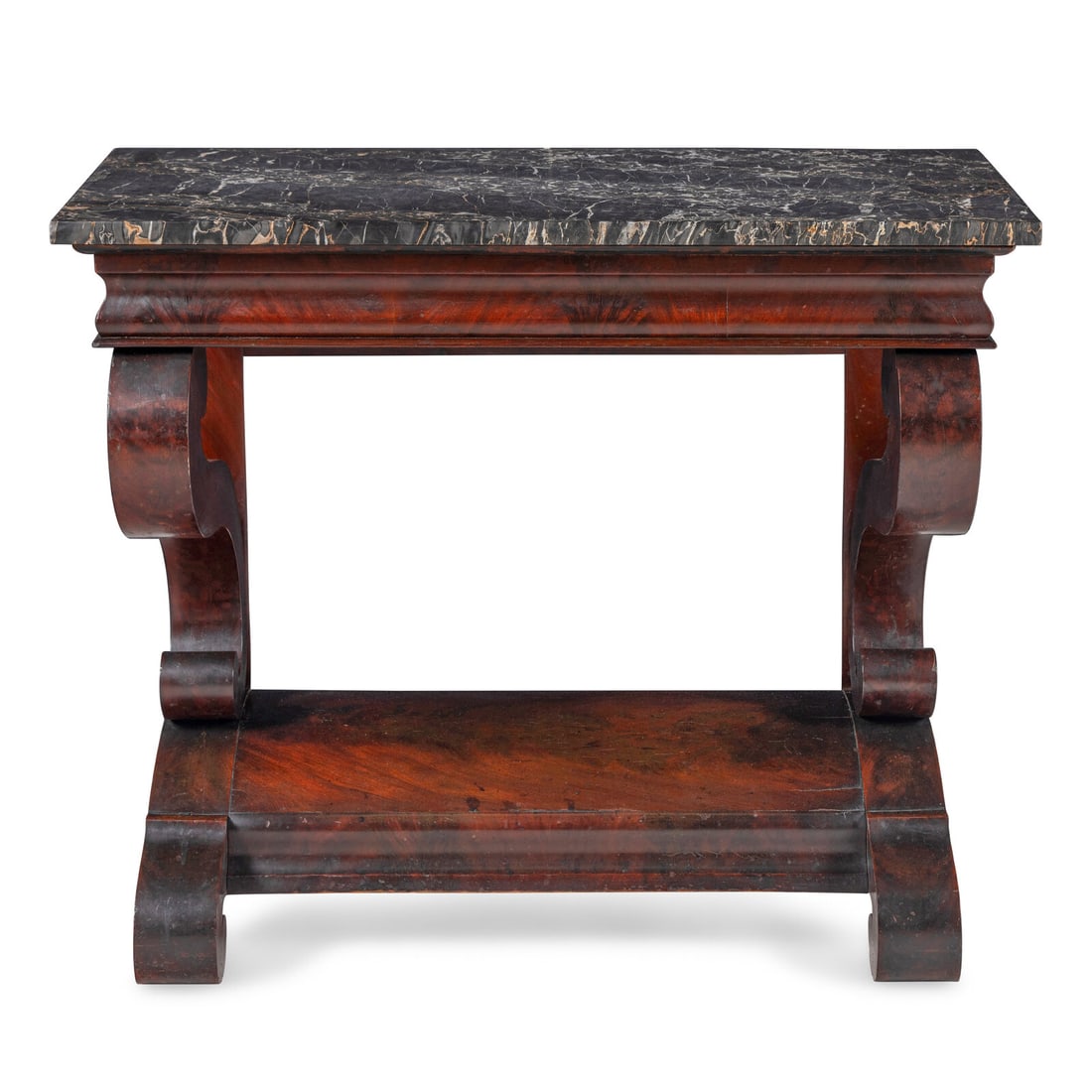 A Classical Mahogany Marble-Top Console Table: A Classical Mahogany Marble-Top Console Table By Joseph Meeks and Sons, Mid-19th Century Height 37 1/2 x width 42 x depth 19 1/4 inches. This lot is located in Chicago.