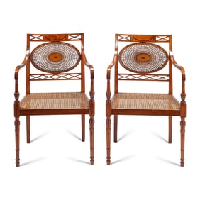 A Pair of Edwardian Satinwood and Marquetry Armchairs