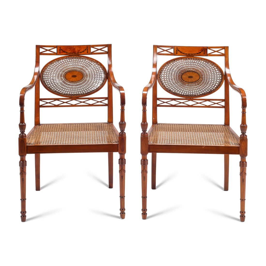 A Pair of Edwardian Satinwood and Marquetry Armchairs: A Pair of Edwardian Satinwood and Marquetry Armchairs Circa 1900 Height 34 x width 21 x depth 20 inches. This lot is located in Chicago.