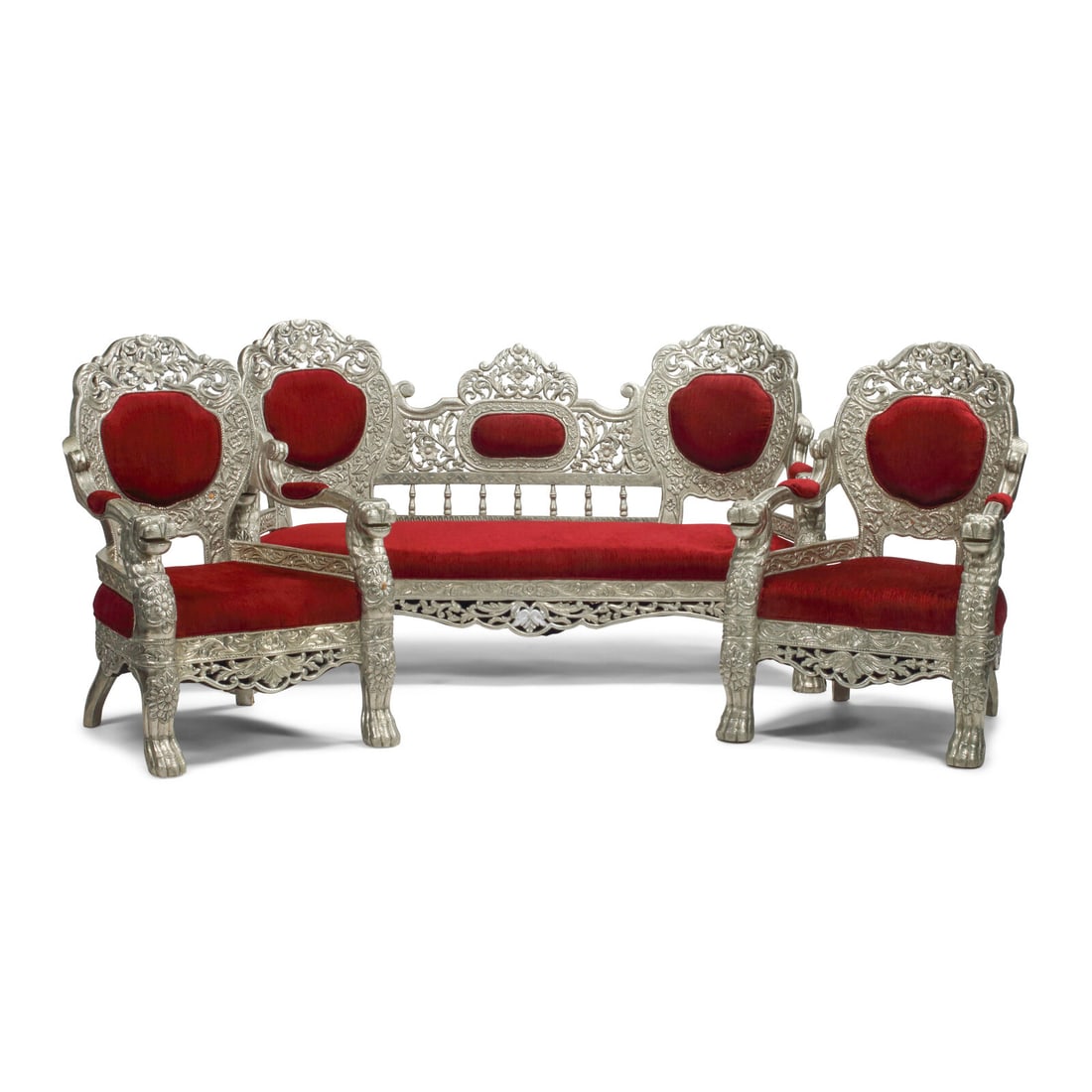 An Anglo-Colonial Style Metal-Clad Seating Suite: An Anglo-Colonial Style Metal-Clad Seating Suite 20th Century Height of sofa 43 x width 74 1/2 x depth 26 inches; height of chairs 43 x width 30 x depth 29 inches. This lot is located in Chicago.