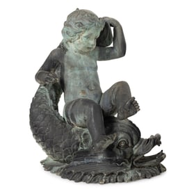 A Patinated Bronze Fountain Figure of a Youth Atop a Dolphin
