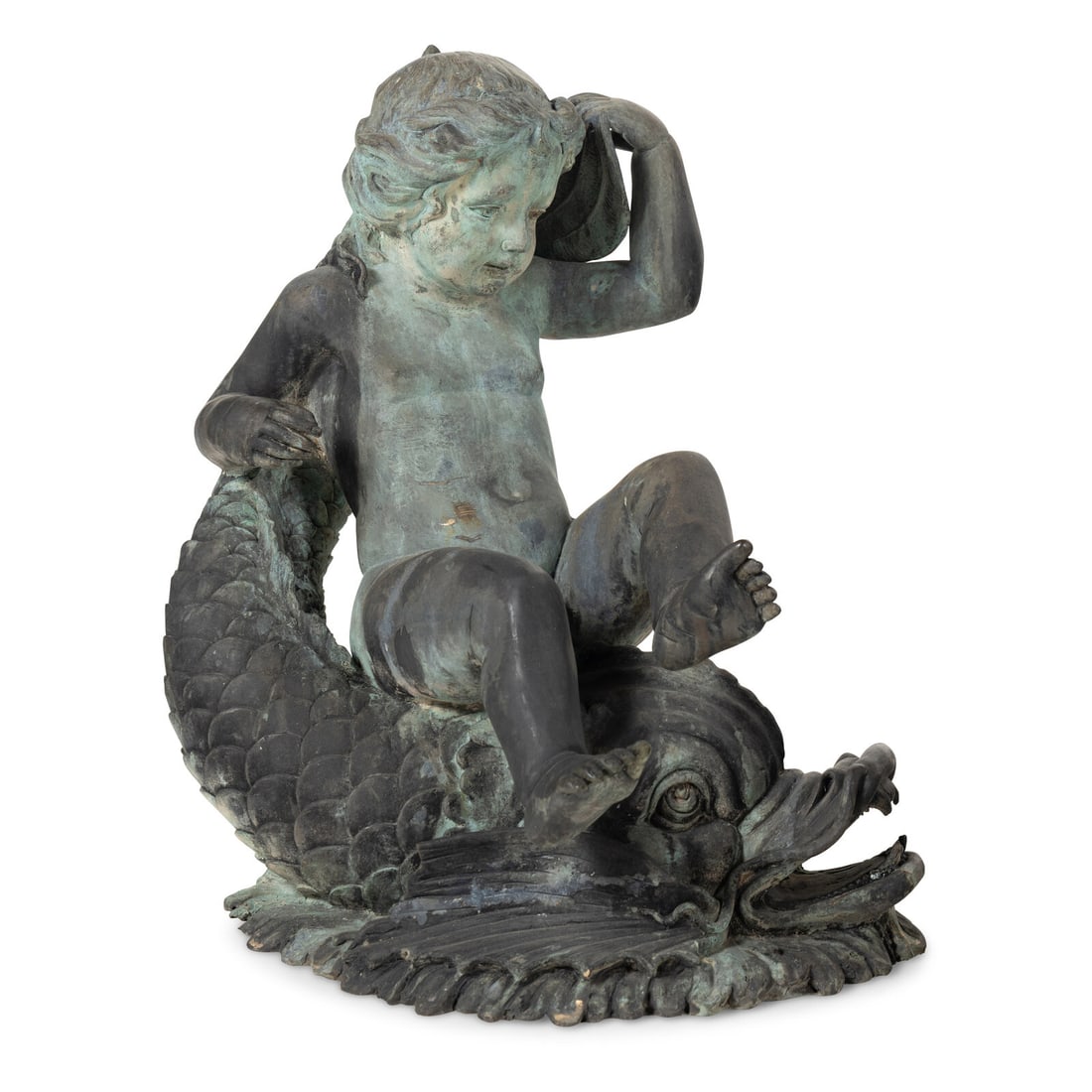 A Patinated Bronze Fountain Figure of a Youth Atop a Dolphin: A Patinated Bronze Fountain Figure of a Youth Atop a Dolphin Height 29 x width 23 x depth 20 inches. This lot is located in Chicago. Provenance: Estate of Christel DeHaan, Indianapolis, Indiana Acquir