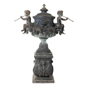 A Patinated Bronze Fountain Urn on Plinth