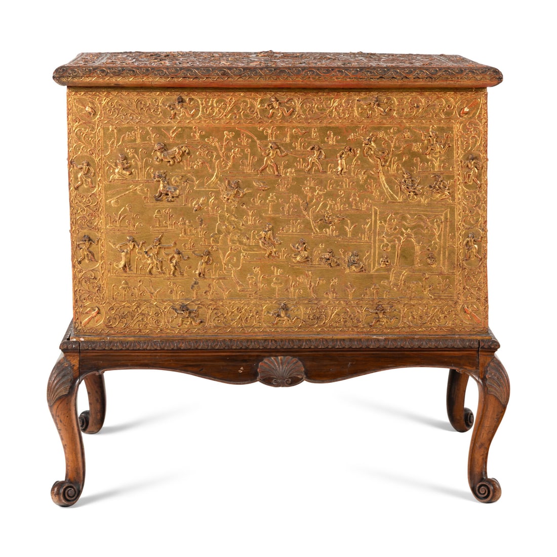 A Burmese Gilt Lacquer Manuscript Chest on an Associated Stand: A Burmese Gilt Lacquer Manuscript Chest on an Associated Stand 19th Century Height overall 39 x width 39 x depth 26 inches. Property from a Main Line Philadelphia Private Collector, with Interiors