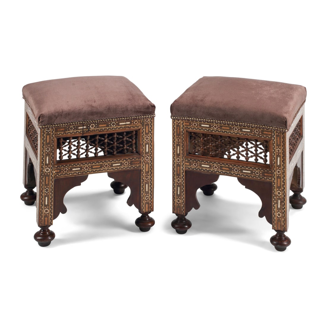 A Pair of Moorish Style Marquetry Stools: A Pair of Moorish Style Marquetry Stools 20th Century Height 20 x width 16 x depth 16 inches. This lot is located in Chicago.