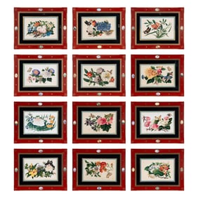 A Set of Twelve Chinese Export Watercolor and Pith Botanical Paintings