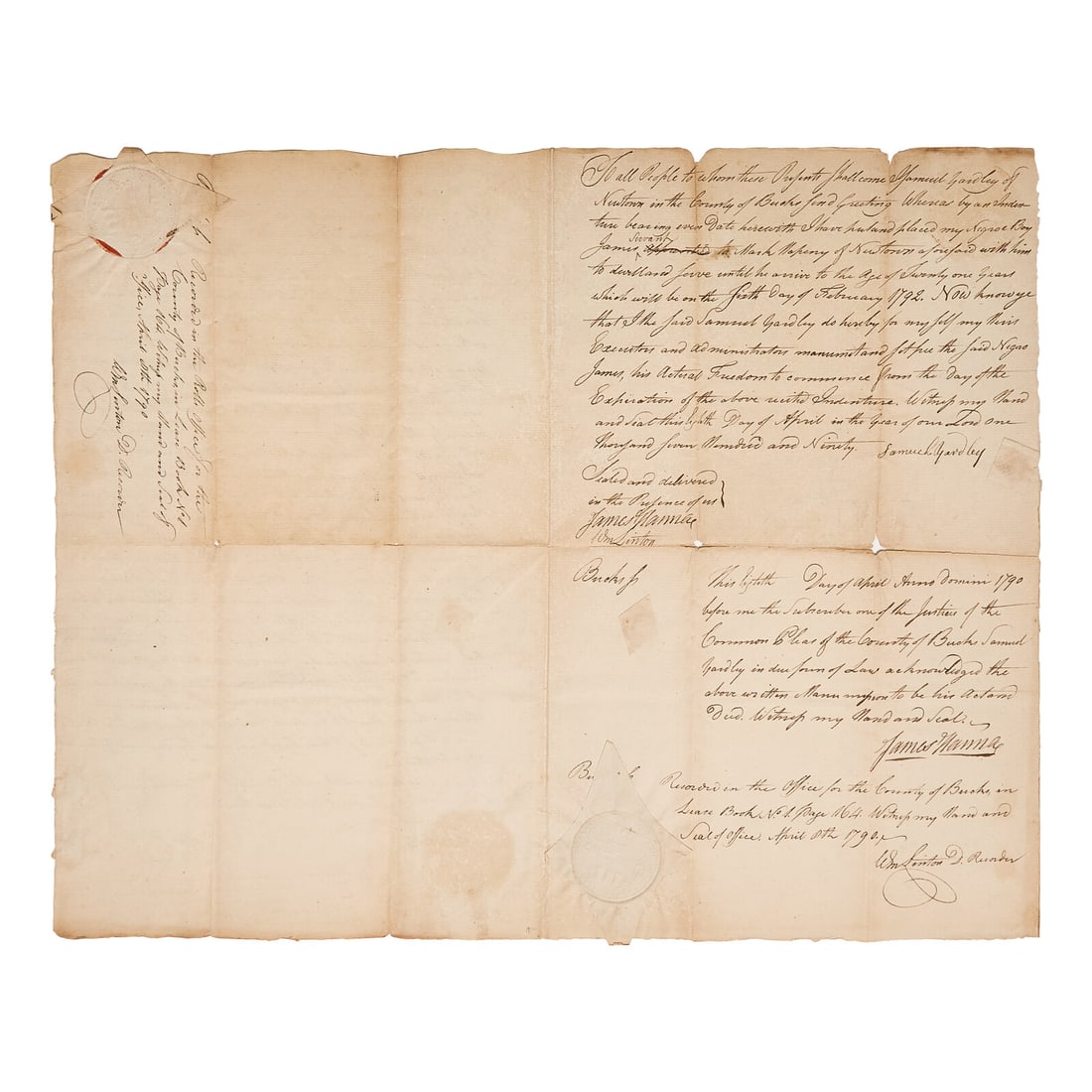 [African-Americana] [Abolition] Yardley, Samuel. Manuscript Indenture of Servitude and Manumission (1 of 2)
