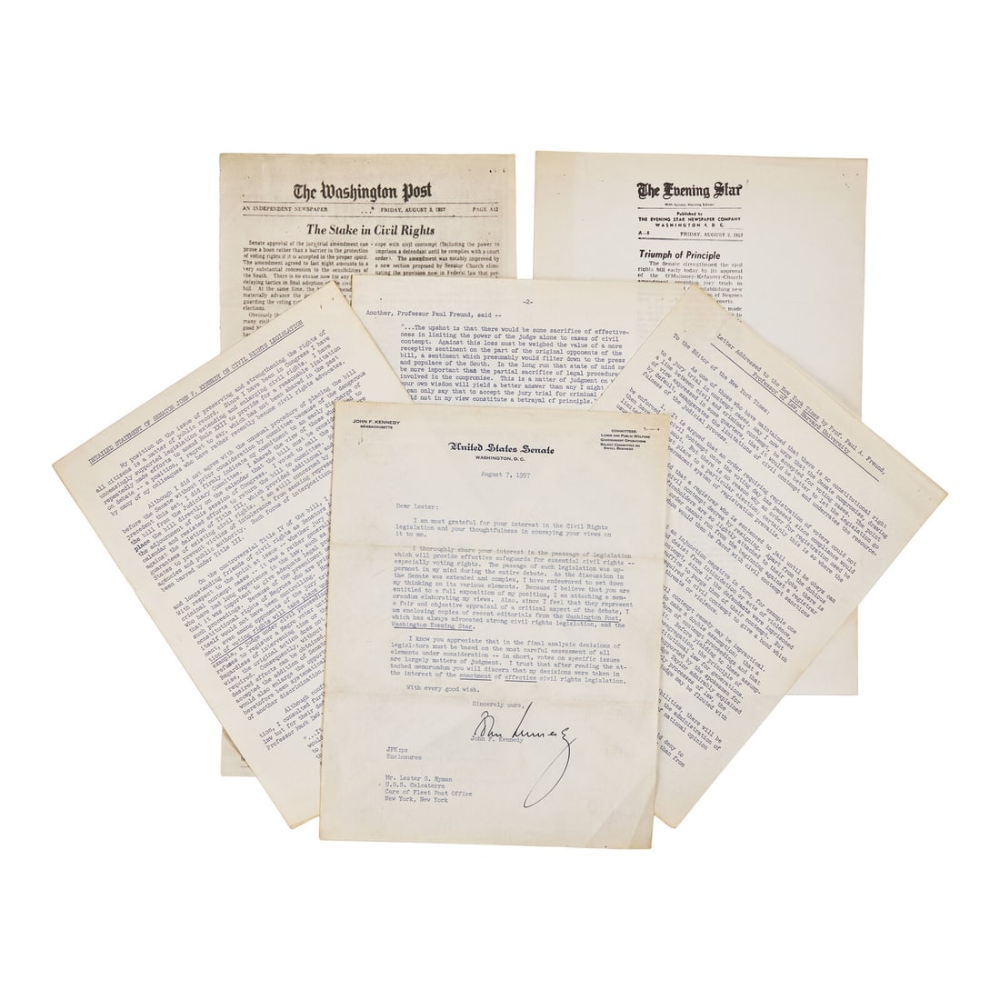 [African-Americana] Kennedy, John F. Typed Document and Three Mimeographed Sheets: [African-Americana] Kennedy, John F. Typed Document and Three Mimeographed Sheets John F. Kennedy on the Civil Rights Act of 1957 Washington, D.C., August 7, 1957. Comprising six sheets, including: on