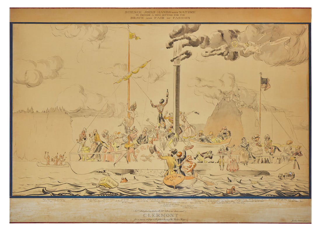 [Algonquin Round Table] Bodrero, James. Nicls. Ludington, Esq. charters Mr. Robt. Fulton's new steam: [Algonquin Round Table] Bodrero, James. Nicls. Ludington, Esq. charters Mr. Robt. Fulton's new steam vessel Clermont for a merry voyage on the placid bosom of the Hudson River "Science Joins Hands wit
