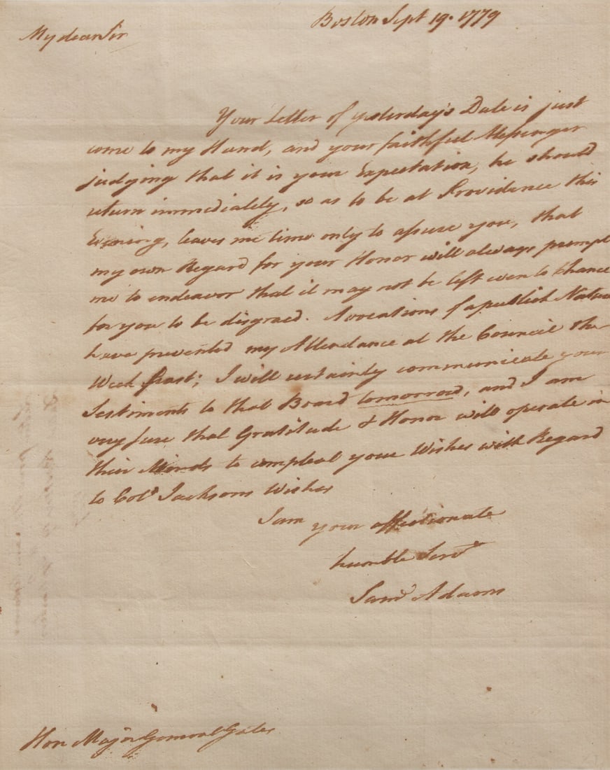 [American Revolution] Adams, Samuel. Autograph Letter, signed: [American Revolution] Adams, Samuel. Autograph Letter, signed Boston, September 19, 1779. Single sheet, 9 x 7 1/4 in. (229 x 184 mm). One-page autograph letter, signed by Samuel Adams to Major General