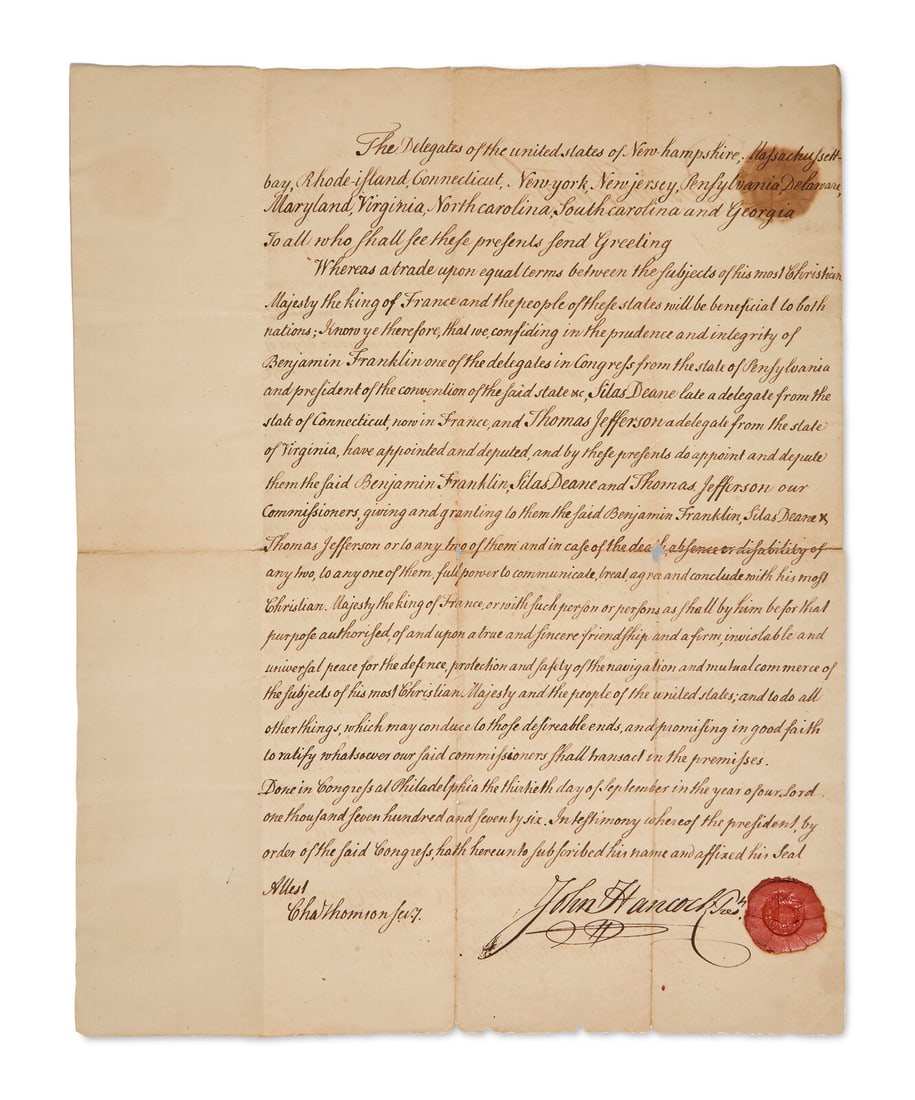 [American Revolution] Hancock, John. Manuscript Document, signed: [American Revolution] Hancock, John. Manuscript Document, signed The Seed of American Victory Over Great Britain: The Continental Congress Appoints America's First Envoy to France: Benjamin Franklin,