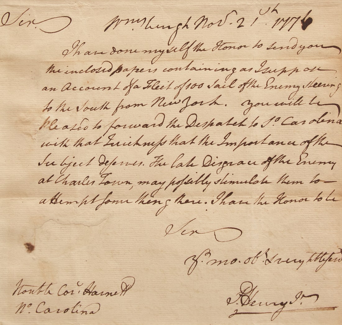 [American Revolution] Henry, Patrick. Autograph Letter, signed: [American Revolution] Henry, Patrick. Autograph Letter, signed Williamsburg, Virginia, November 21, 1776. Single sheet, 9 1/8 x 8 in. (232 x 203 mm). One-page autograph letter, signed by Patrick Henry