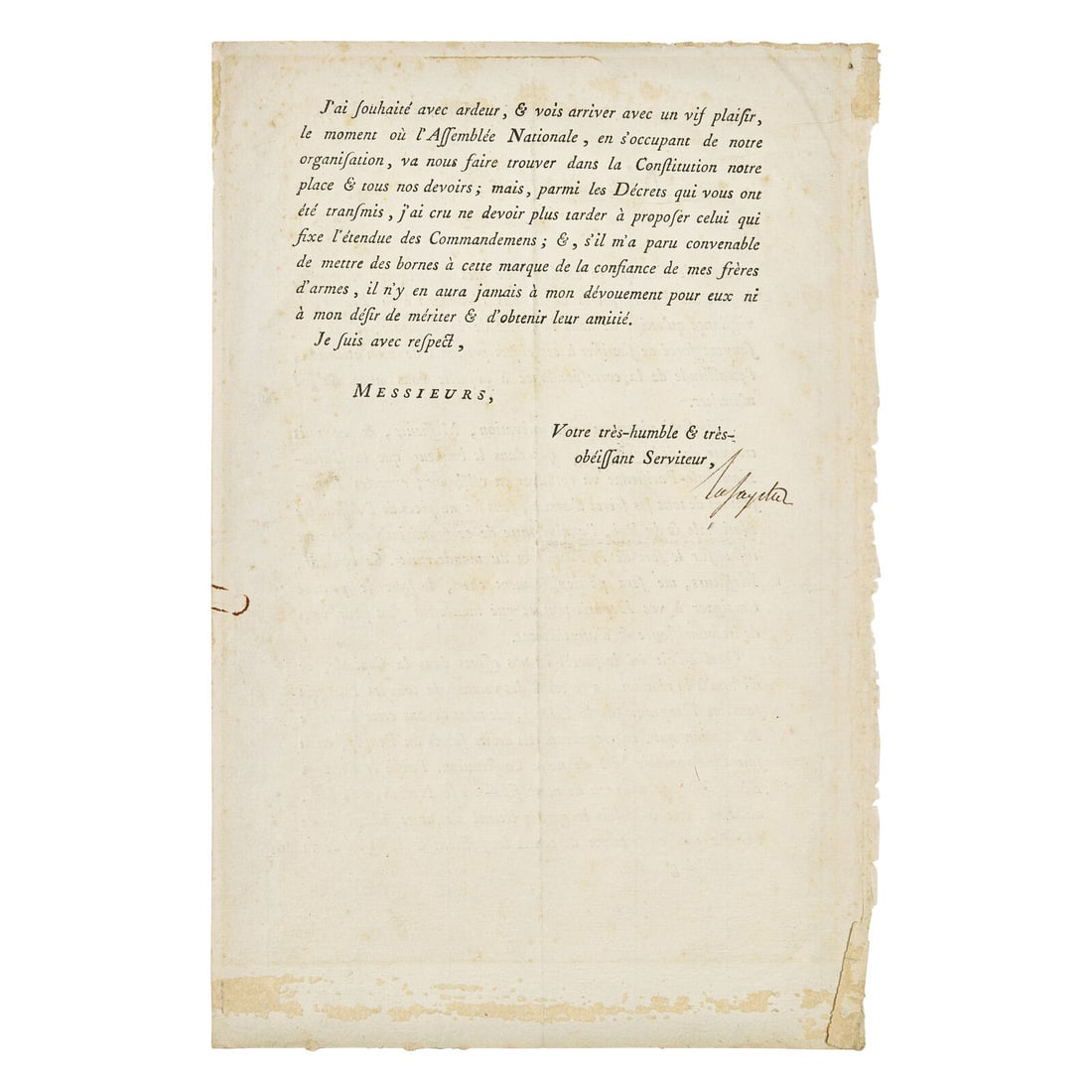 [American Revolution] [Lafayette, Marquis de] Printed Document, signed (1 of 2)