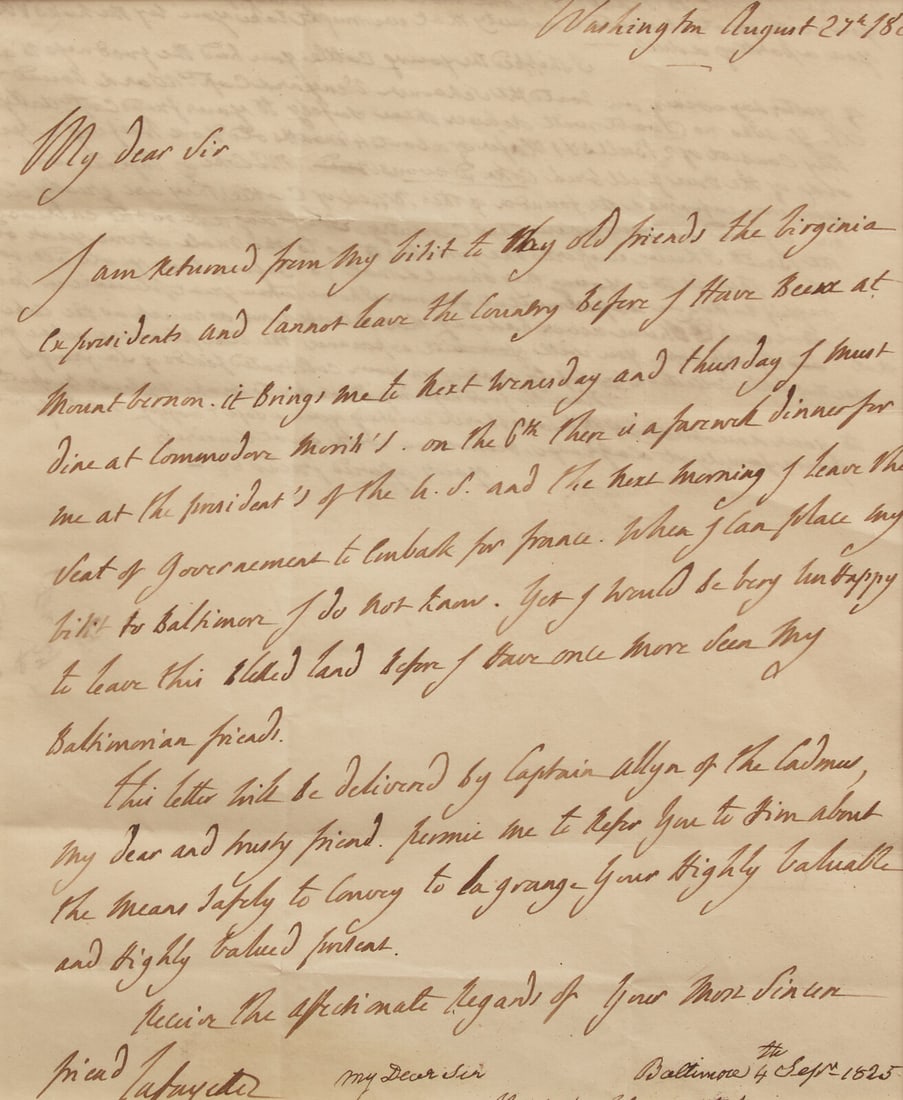 [American Revolution] Lafayette, Gilbert du Motier, Marquis de. Autograph Letter, signed: [American Revolution] Lafayette, Gilbert du Motier, Marquis de. Autograph Letter, signed Washington, August 27, 1825. One-page autograph letter on bifolium, signed by the Marquis de Lafayette to Willi