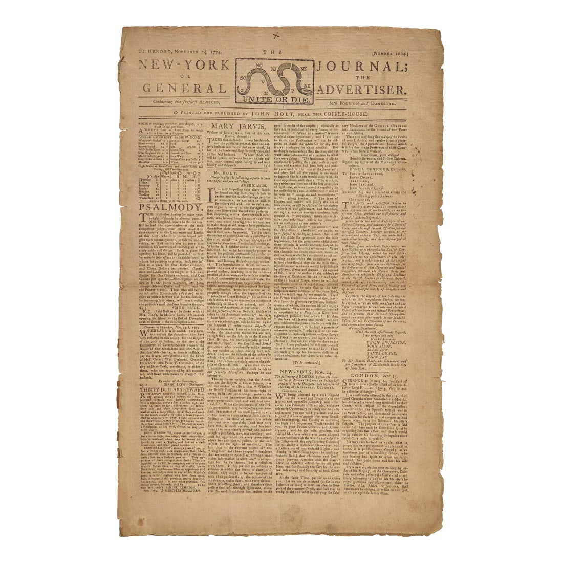 [American Revolution] New-York Journal; or, the General Advertiser. November 24, 1774: [American Revolution] New-York Journal; or, the General Advertiser New York: John Holt, November 24, 1774. Number 1664. Printed newspaper on bifolium. Disbound; wear along edges; creased along center