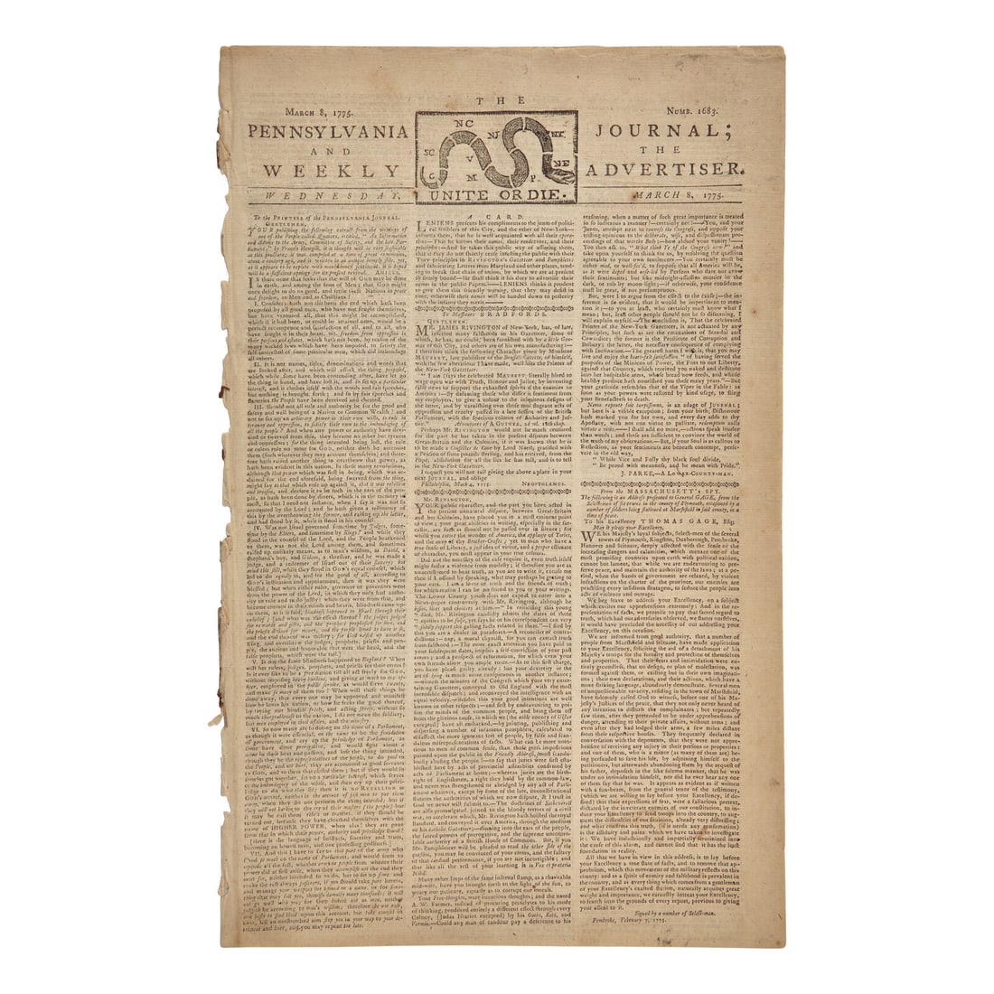 [American Revolution] Pennsylvania Journal; and the Weekly Advertiser. March 8, 1775 (1 of 1)