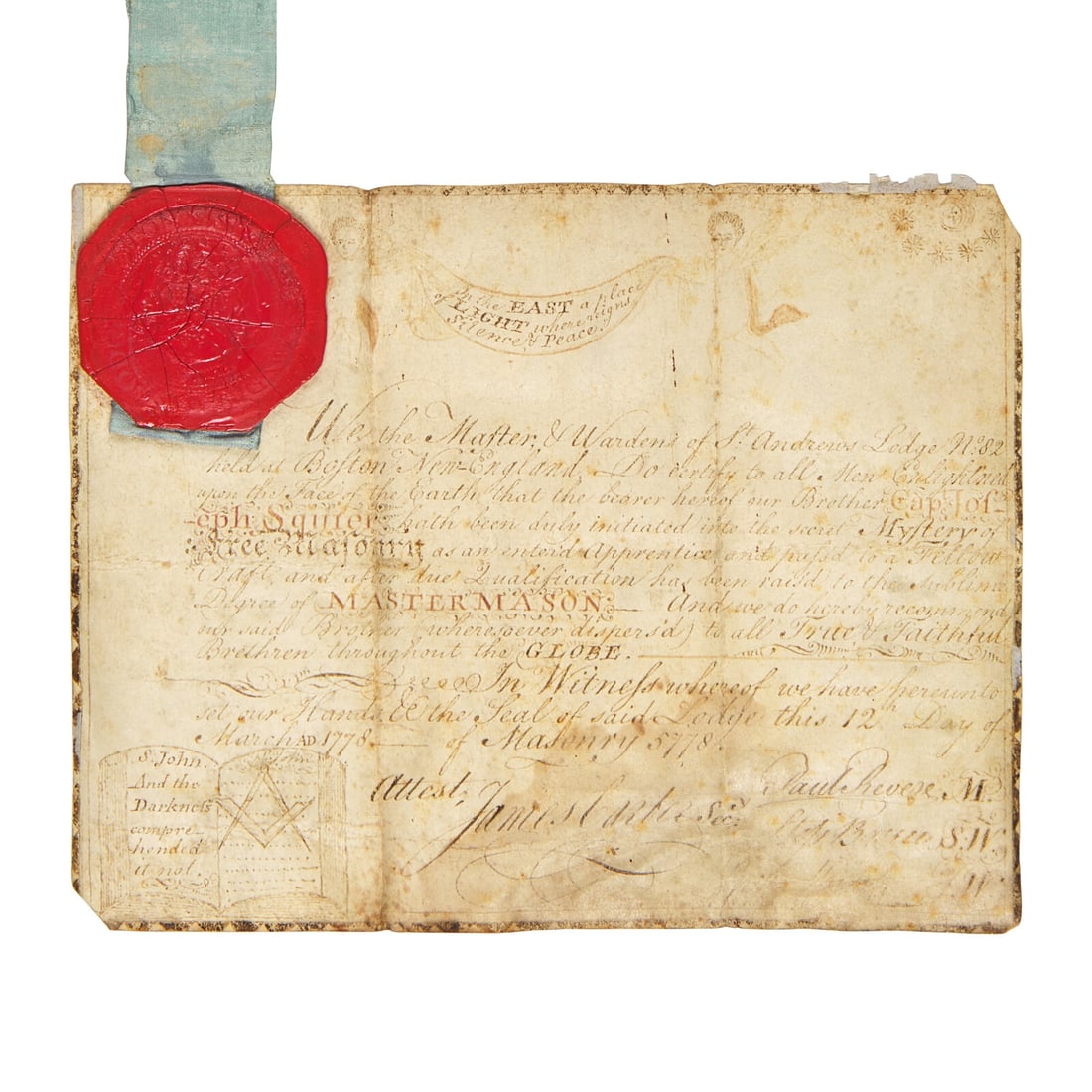 [American Revolution] Revere, Paul. Signed Manuscript Freemasonry Certificate: [American Revolution] Revere, Paul. Manuscript Document, signed Boston: St. Andrews Lodge No. 82, March 12, 1778. Manuscript document on vellum, signed by Paul Revere as Master of St. Andrews Masonic