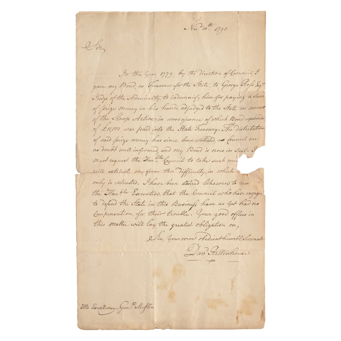 [American Revolution] Rittenhouse, David. Autograph Letter, signed (1 of 2)