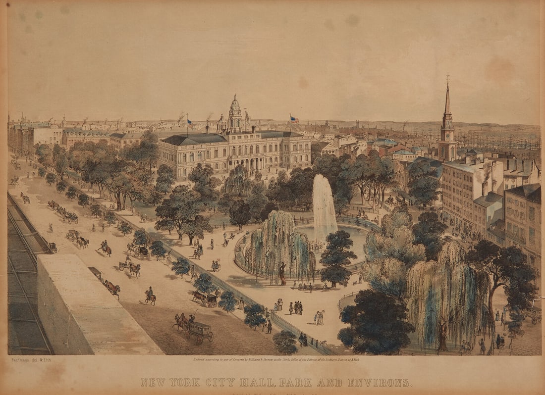 [American Views] Bachmann, (John). New York City Hall, Park and Environs: [American Views] Bachmann, (John). New York City Hall, Park and Environs New York: Williams & Stevens, (ca. 1849). Tinted lithograph with hand-coloring. Toned; scattered spotting; mat burn. 16 3/4