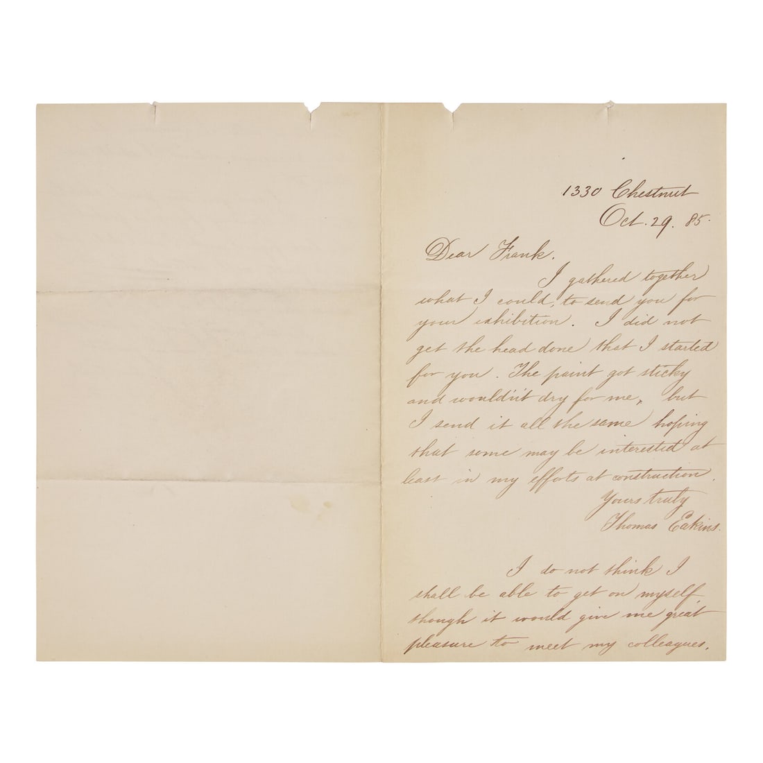 [Art] Eakins, Thomas. Autograph Letter, signed and initialed (1 of 2)
