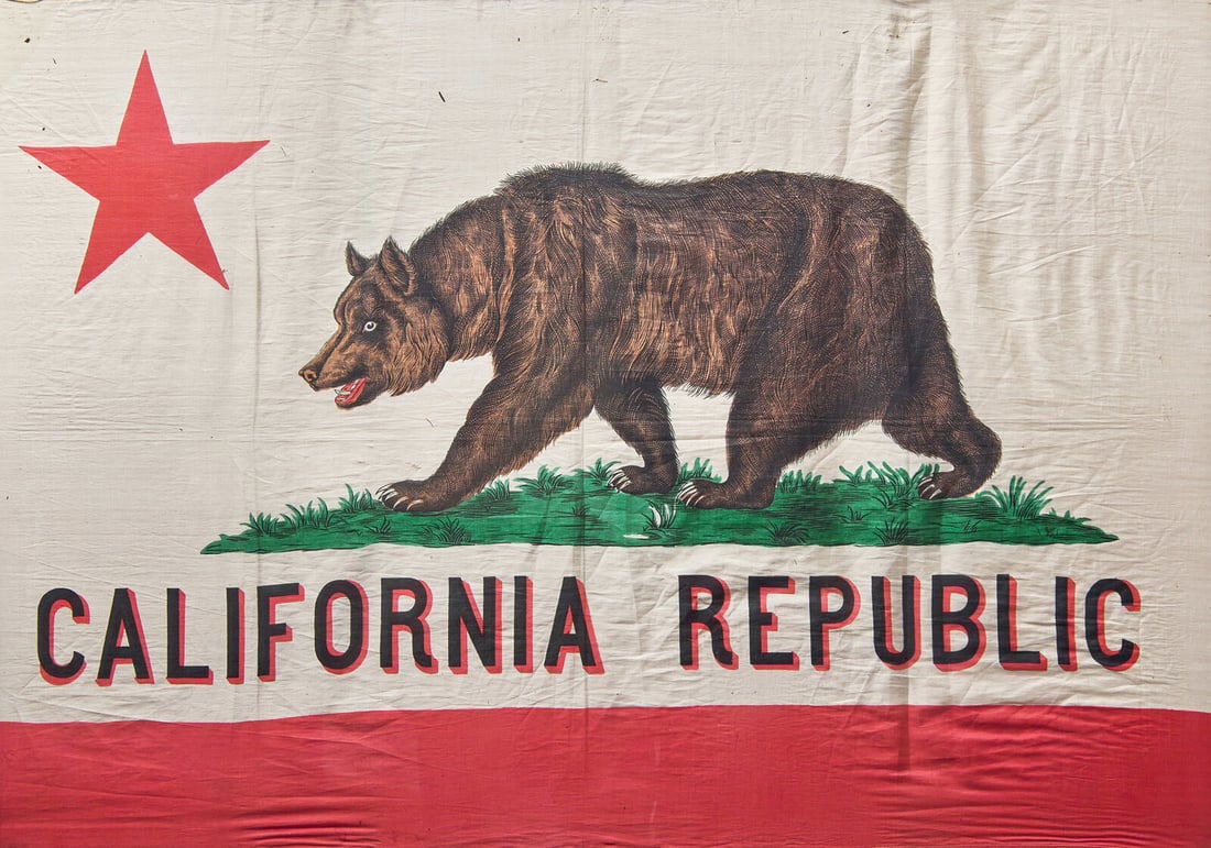 [California] California Republic State Flag: [California] California Republic State Flag (California), ca. early 20th century. Silk flag printed in red, brown and red. 24 x 36 in. (610 x 914 mm). Creasing from old folds, a few small closed tears