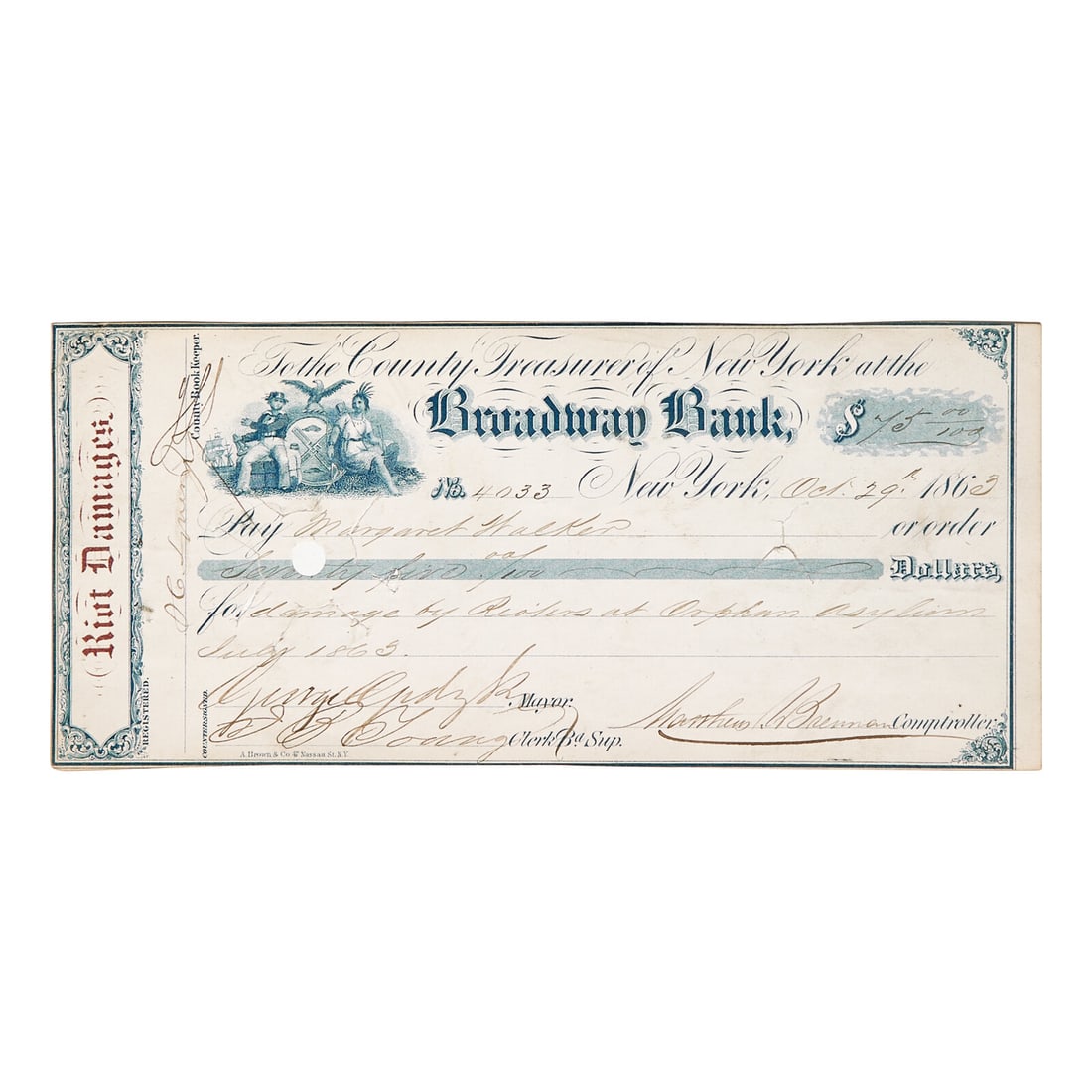 [Civil War] New York Draft Riot Damages Check Issued for Losses at the Colored Orphan Asylum (1 of 2)