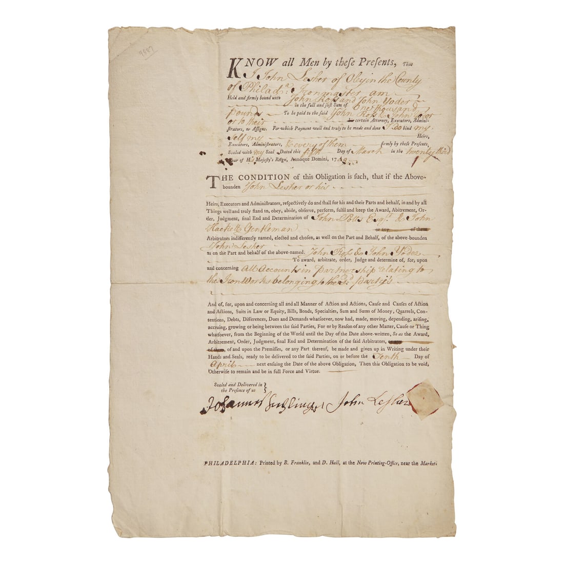 [Franklin, Benjamin] Partially-Printed Document: [Franklin, Benjamin] Partially-Printed Document Philadelphia: Printed by B. Franklin, and D. Hall, ca. 1749. Single sheet, 12 1/4 x 8 1/4 in. (311 x 209 mm). Partially-printed document, being an arbit