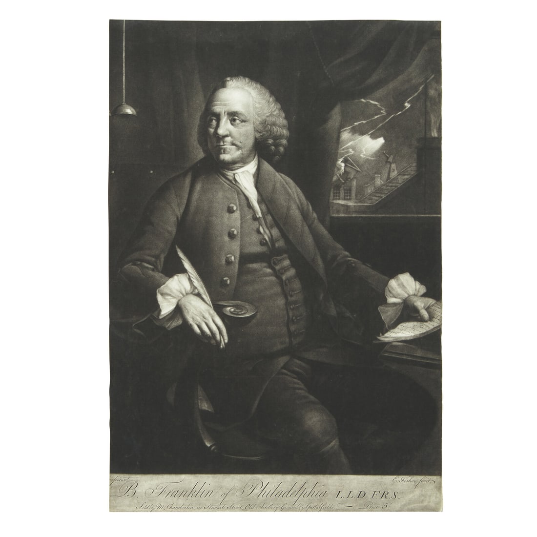 [Franklin, Benjamin] Chamberlin, Mason. B. Franklin of Philadelphia...: [Franklin, Benjamin] Chamberlin, Mason. B. Franklin of Philadelphia... (London: M. Chamberlin, 1763). Mezzotint engraving by Edward Fisher after Mason Chamberlin. Trimmed to and within plate mark with