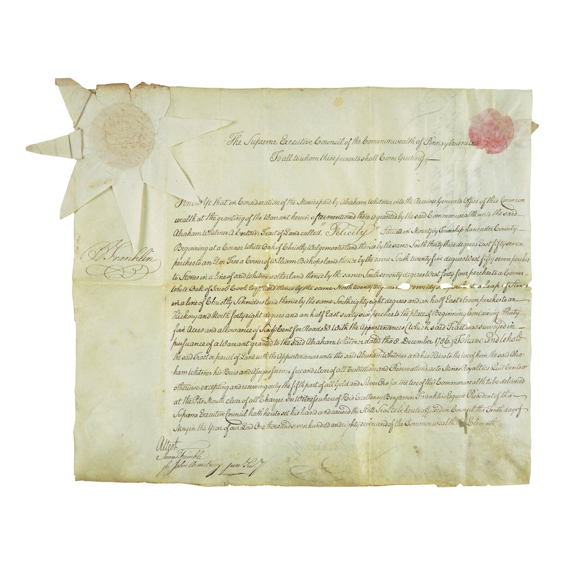 [Franklin, Benjamin] Franklin, Benjamin. Manuscript Document, signed (1 of 2)