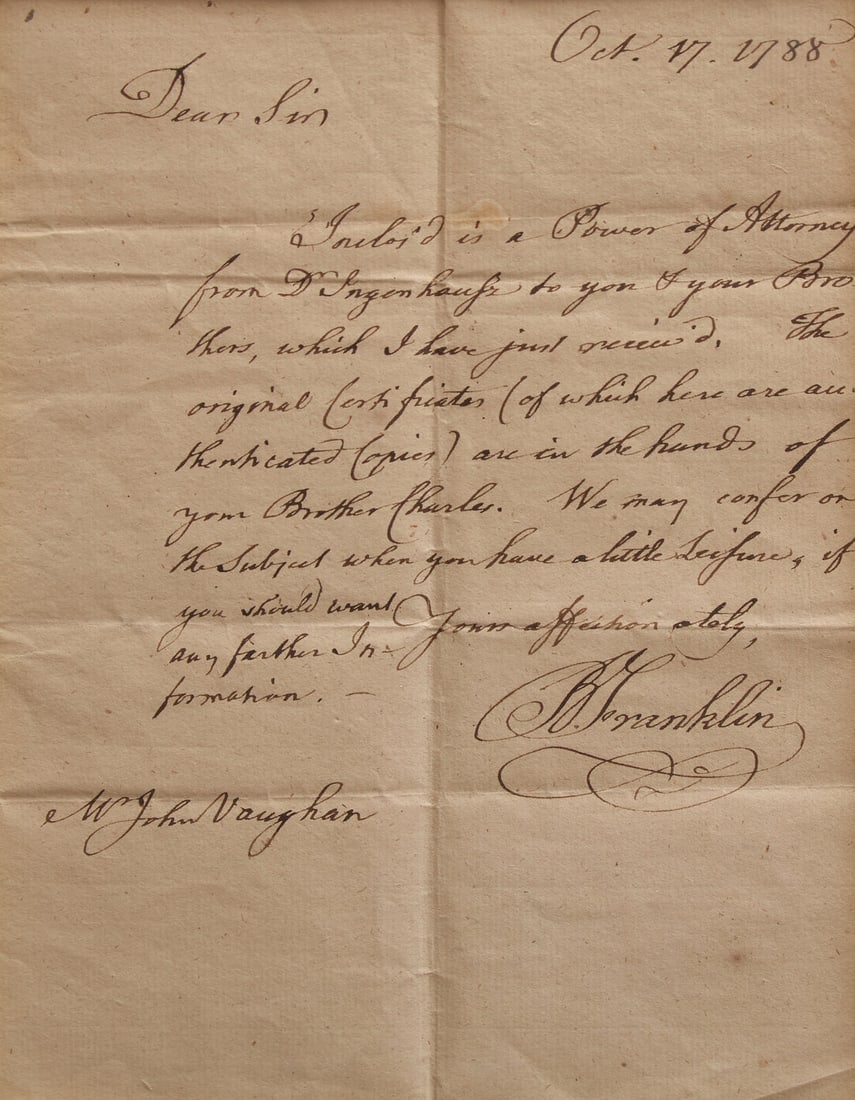 [Franklin, Benjamin] Franklin, Benjamin. Autograph Letter, signed: [Franklin, Benjamin] Franklin, Benjamin. Autograph Letter, signed (Philadelphia), October 17, 1788. One-page autograph letter on bifolium, signed by Benjamin Franklin to John Vaughan. In part: "Inclos