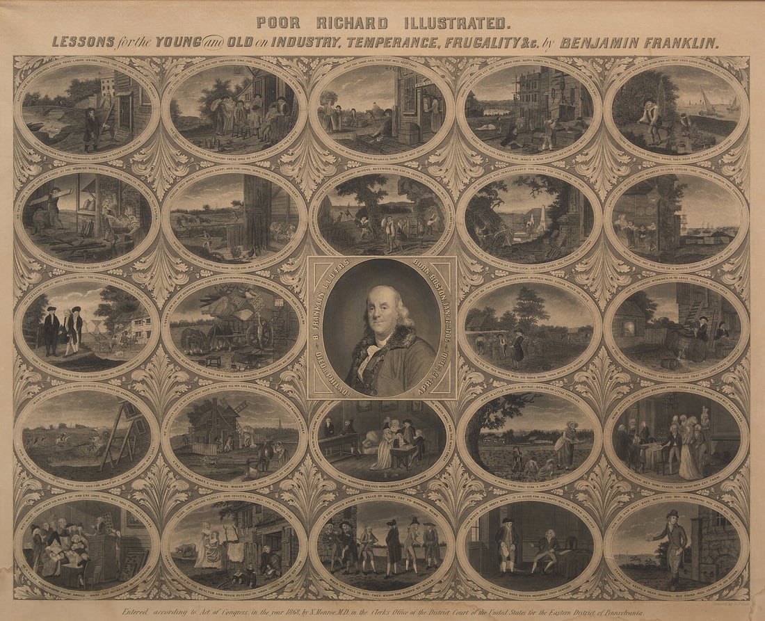 [Franklin, Benjamin] Poor Richard Illustrated...: [Franklin, Benjamin] Poor Richard Illustrated. Lessons for the Young and Old on Industry, Temperance, Frugality &c. by Benjamin Franklin "Early to bed and early to rise, makes a man healthy, wealt