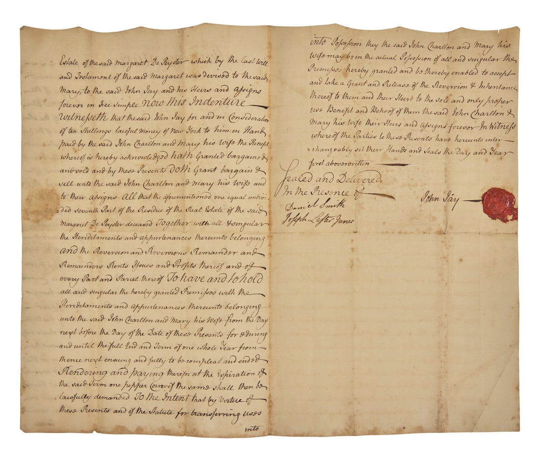 [Jay, John] Jay, John. Autograph Document, signed: [Jay, John] Jay, John. Autograph Document, signed (New York): May 4, 1770. Bifolium, 12 x 7 1/2 in. Autograph document, signed by John Jay, being an indenture between himself and Dr. John Charlton of