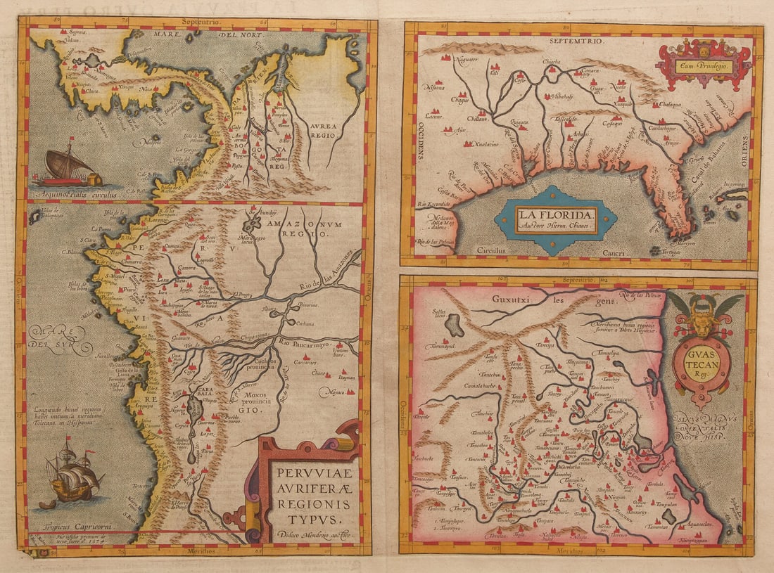 [Maps & Atlases] [Florida] Ortelius, Abraham. Peruviae Avriferae Regionis Typus...The earliest: [Maps & Atlases] [Florida] Ortelius, Abraham. Peruviae Avriferae Regionis Typus...La Florida...Guastecan Antwerp, ca. 1592-1601. Engraved map with hand-coloring. Italian text on verso. Small repai