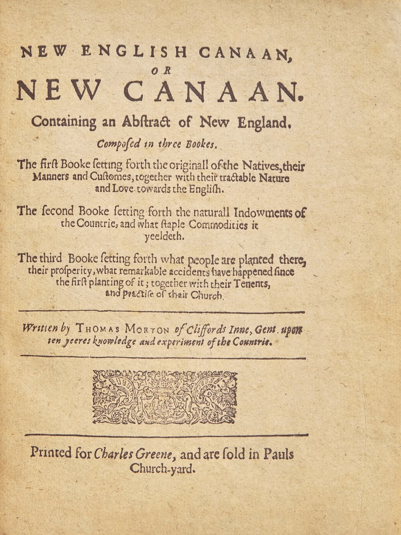 [New England] Morton, Thomas. New English Canaan, or New Canaan... First edition.: [New England] Morton, Thomas. New English Canaan, or New Canaan. Containing an Abstract of New England. Composed in three Bookes... America's First Banned Book (Amsterdam: Jacob Frederick Stam, 1637).