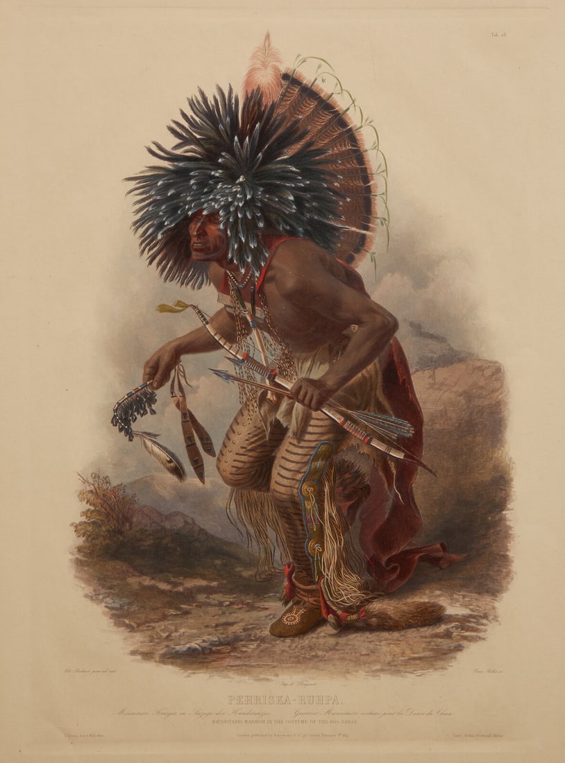 [Native-Americana] Bodmer, Karl. Pehriska-Ruhpa...Moennitarri Warrior in the Costume of the Dog: [Native-Americana] Bodmer, Karl. Pehriska-Ruhpa...Moennitarri Warrior in the Costume of the Dog Danse (Leipzig: Schmidt and Guenther, 1922). Tab. 23. Hand-colored aquatint engraving by Rene Rollet, af